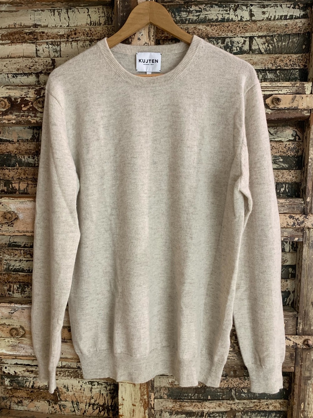 Kujten Men's 100% Cashmere Soft Crewneck Sweater, Light Beige Minimalist, EUC, L